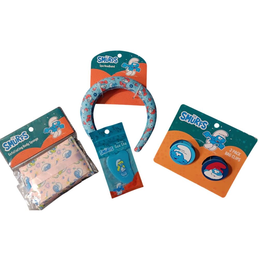Set of (4) Smurf HBA Items Spa Headband, Gua Sha, Body Sponge & Chip Clips NEW